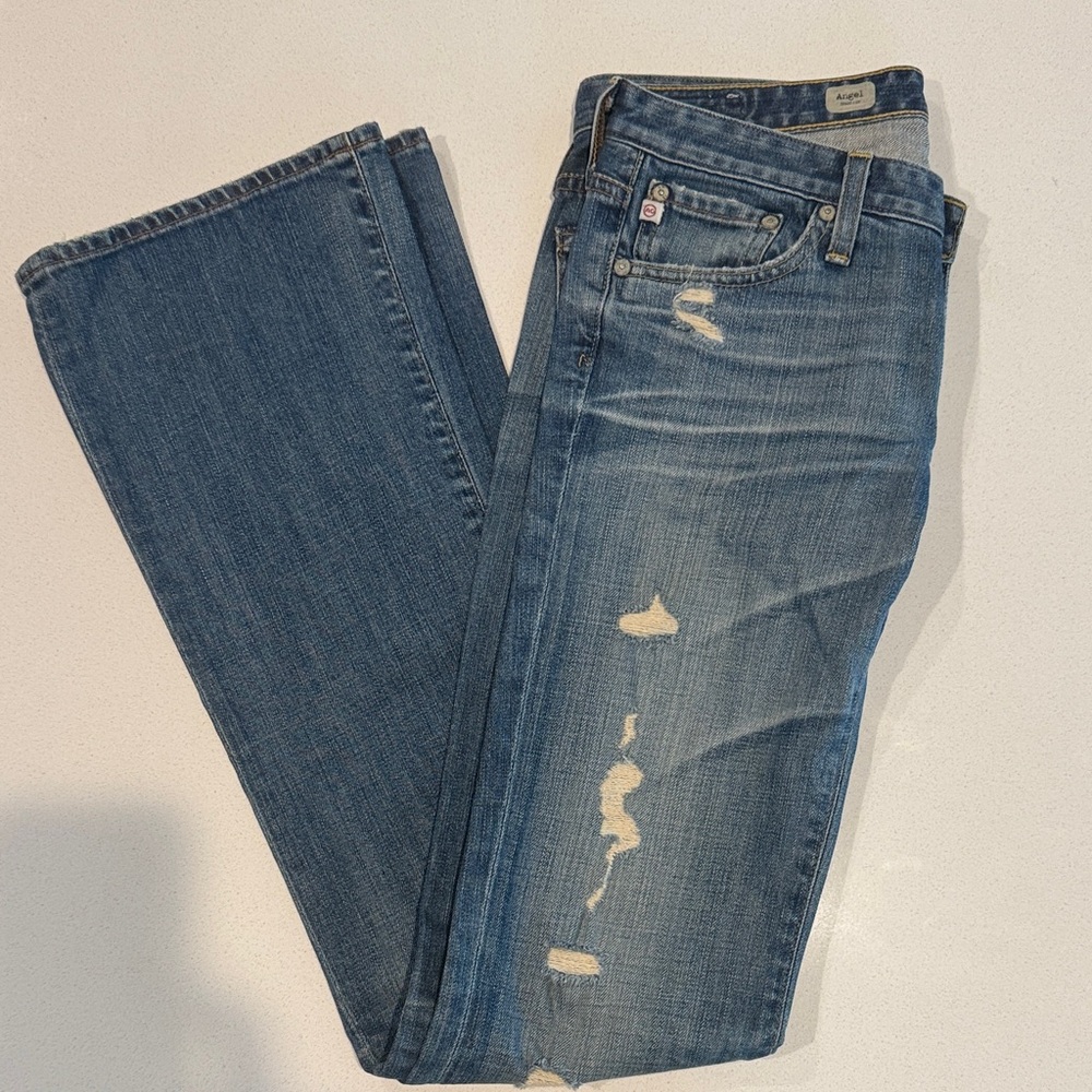 Ag Adriano Goldschmied Blue Distressed Boot Cut Jeans